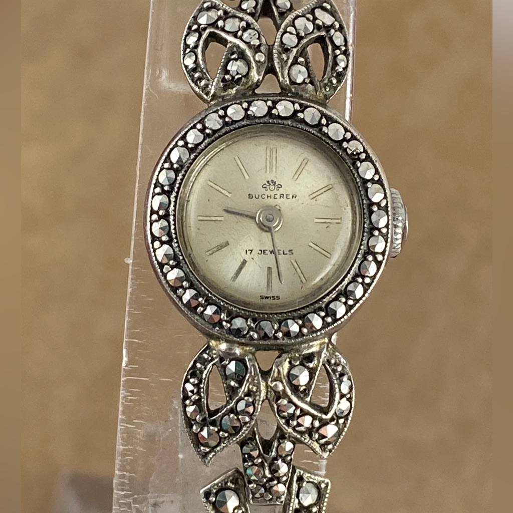 Vintage 1940s Bucherer Watch Swiss Made In 0800 Silver With Marcasite Settings